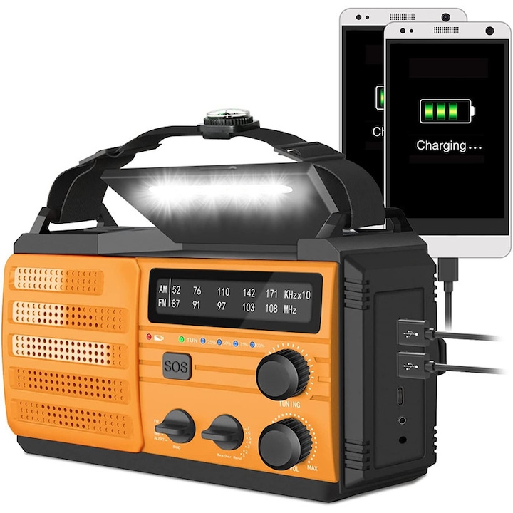 Аварийно метеорологично радио, 8000 mAh, Фенерче, AM/FM, LED, Оранжев/Черен