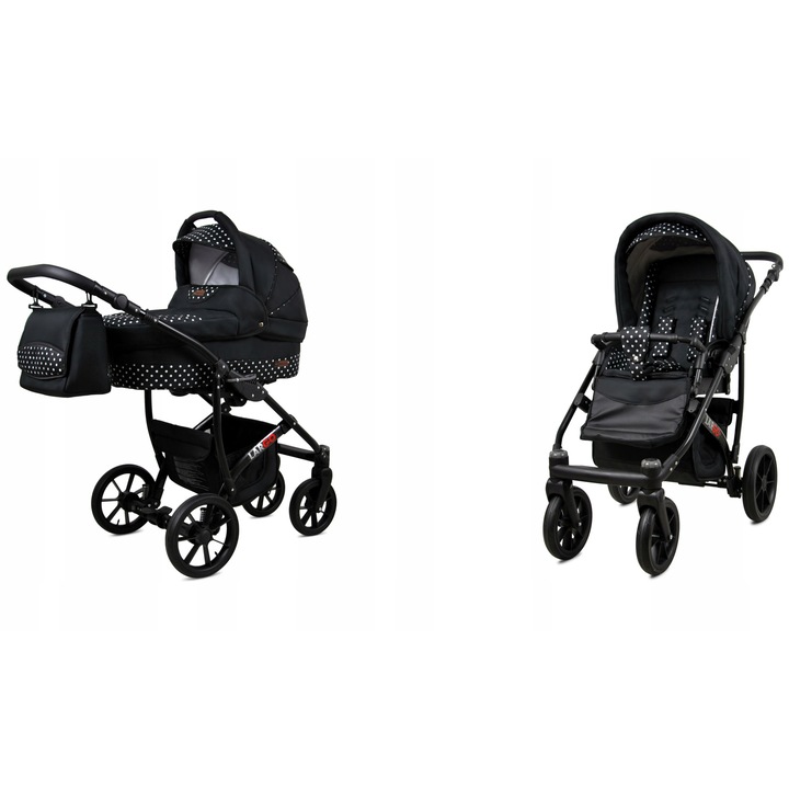 Carucior pentru copii Baby Lux, Sistem 2 in 1 Modern cu Cadru Aluminiu si Suspensie Moale, Piele Ecologica, Ghidaj Reglabil, Pliabil, Siguranta Maxima, Culoare Negru, Ideal pentru Nou-Nascuti si Copii Mici
