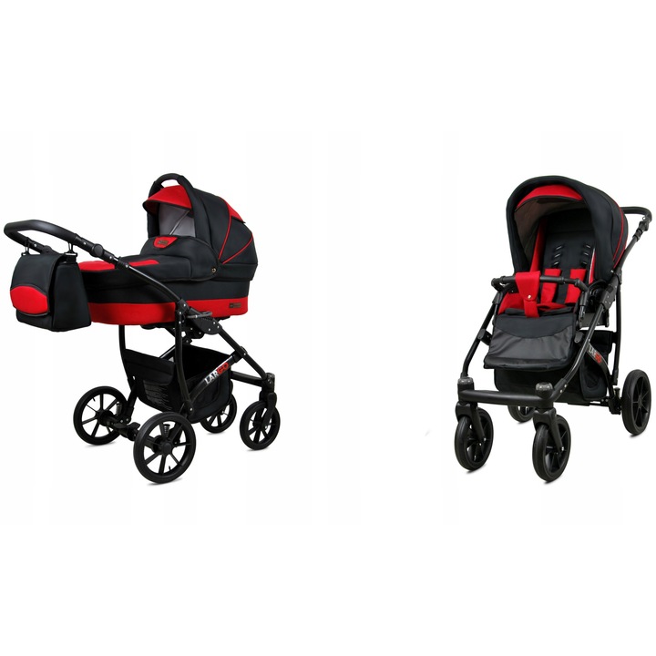 Carucior pentru copii Baby Lux, 2 in 1 cu Gondola si Scaun Sport, Cadru Aluminiu, Suspensie Moale, Piele Ecologica, Ghidaj Reglabil, Roti Pivotante, Centuri Siguranta 5 Puncte, Negru/Rosu