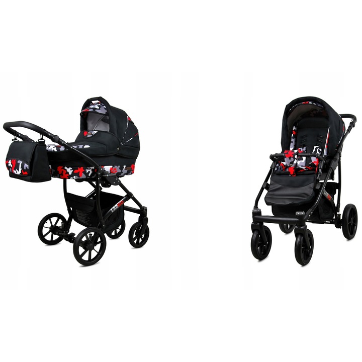 Carucior pentru Copii Baby Lux, Model Confort Plus, Piele Ecologica Durabila, Cadru Aluminiu Usor, Suspensie Moale, Spatar si Suport Picioare Reglabil, Centuri Siguranta 5 Puncte, Negru Elegant