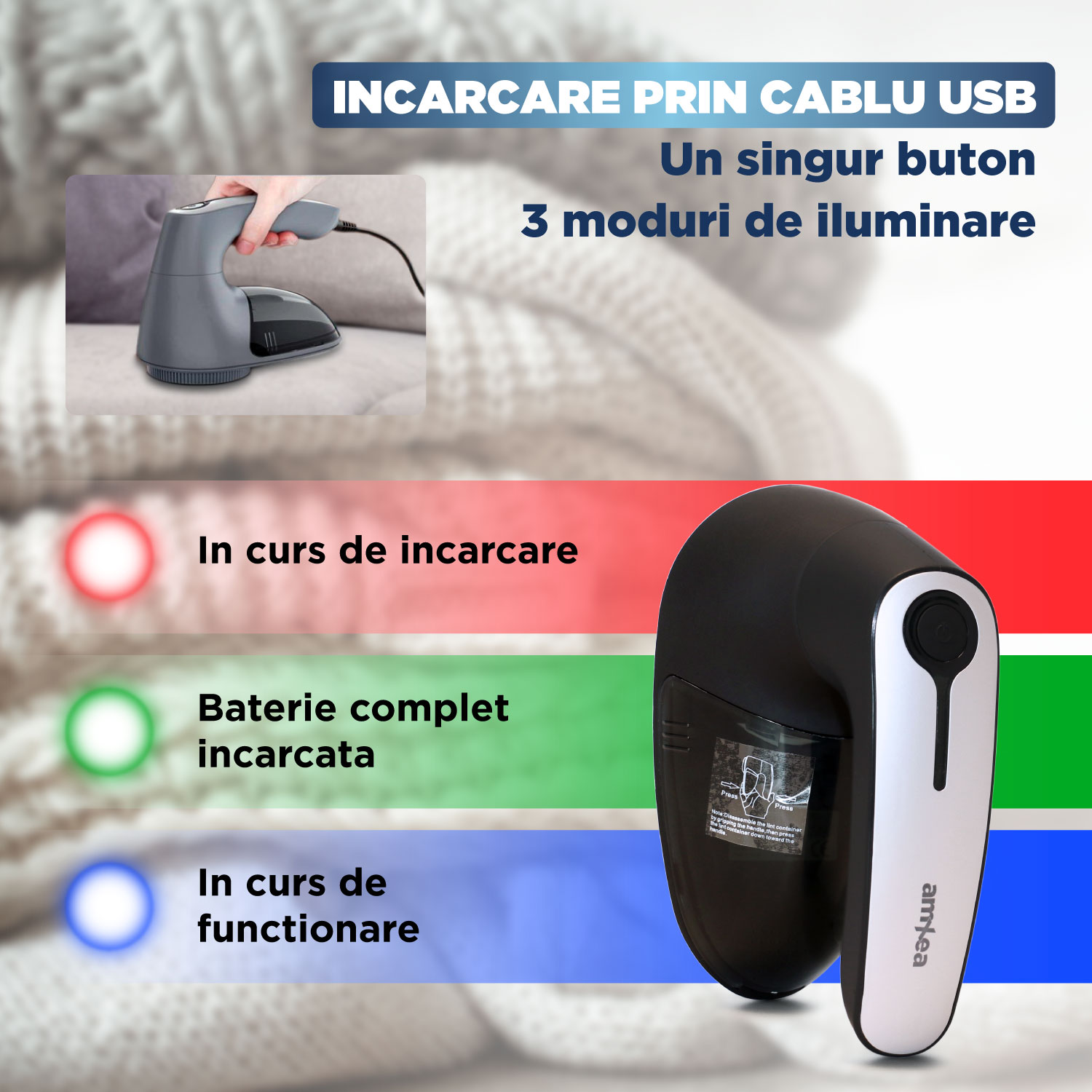 Aparat de curatat scame amXea LR-268SN Antracit, 8000 rotatii/minut, 800mAh, 1x lama rezerva