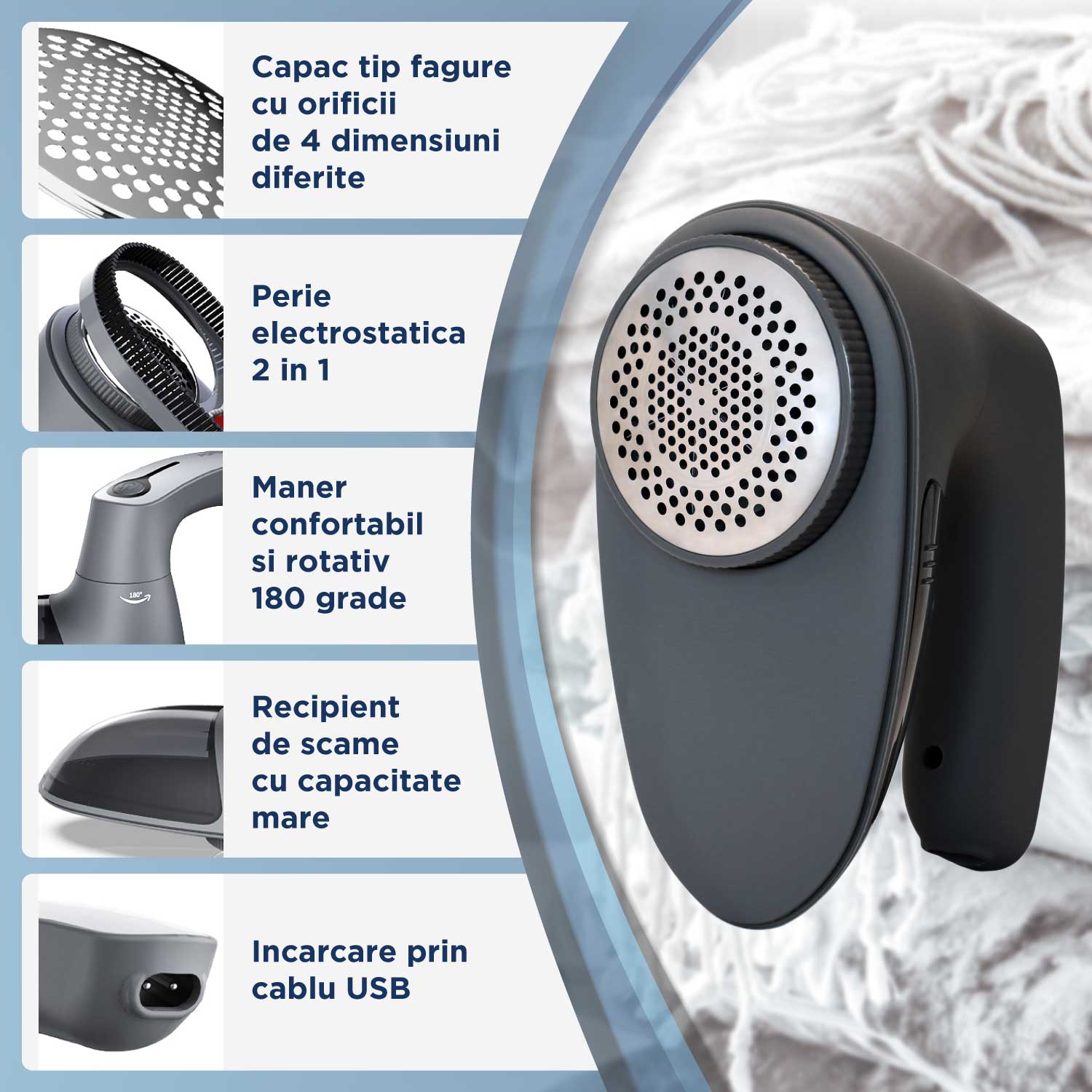 Aparat de curatat scame amXea LR-268SN Antracit, 8000 rotatii/minut, 800mAh, 1x lama rezerva