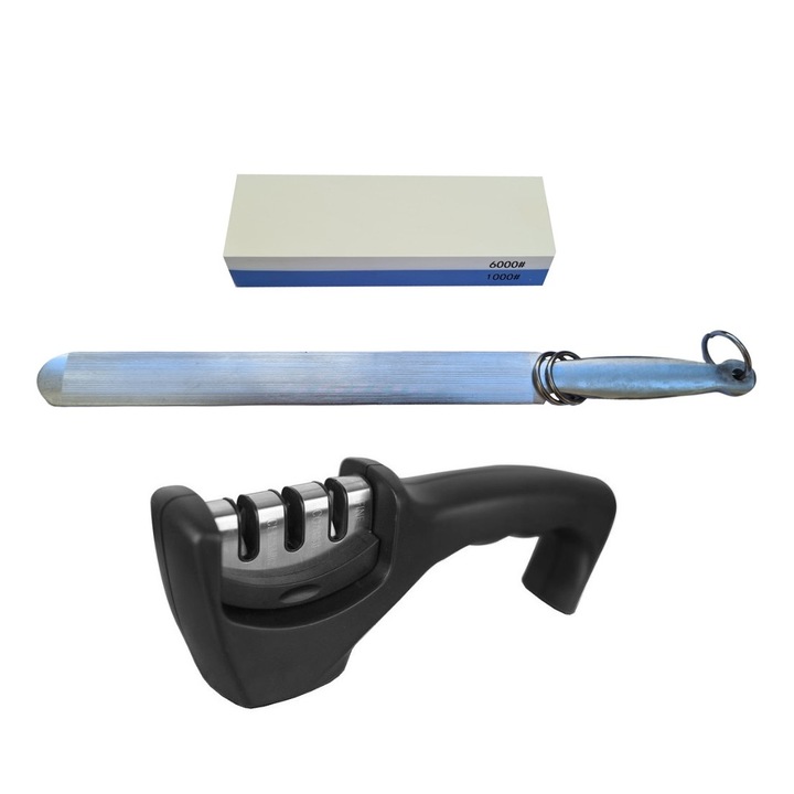 Set 3 ustensile profesionale pentru ascutit, Pila, Piatra ceramica 1000/6000 si Aparat ascutit 3 nivele intensitate