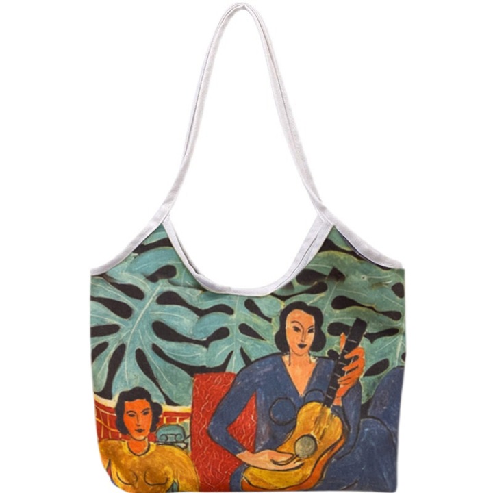 Női hordtáska olajfestő gitár, pamut és poliészter, többszínű, 36 x 32 x 8 cm