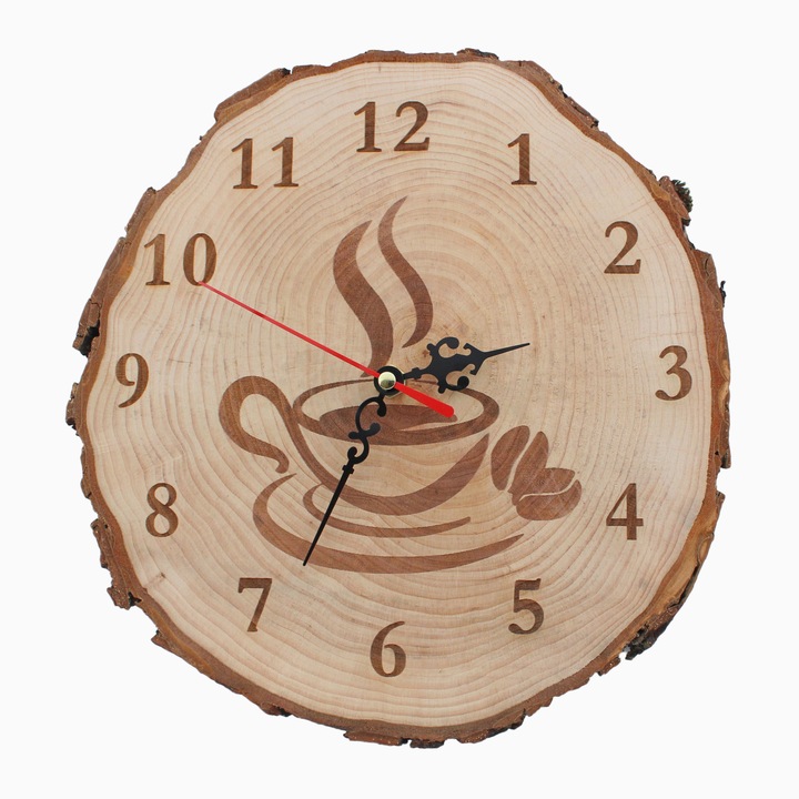 Ceas de perete din rondea de lemn gravat - Cafea
