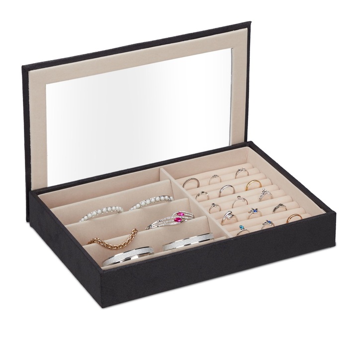 Elegáns MDF ékszerdoboz, Relaxdays, fekete, bársony belső, 5 x 30 x 21 cm