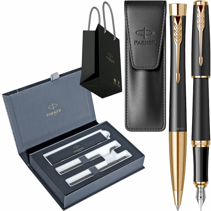 Set Parker Stilou Pix Urban Muted Black GT cu gravura laser inclusa, etui Leather Black, cutie duo Royal si punga