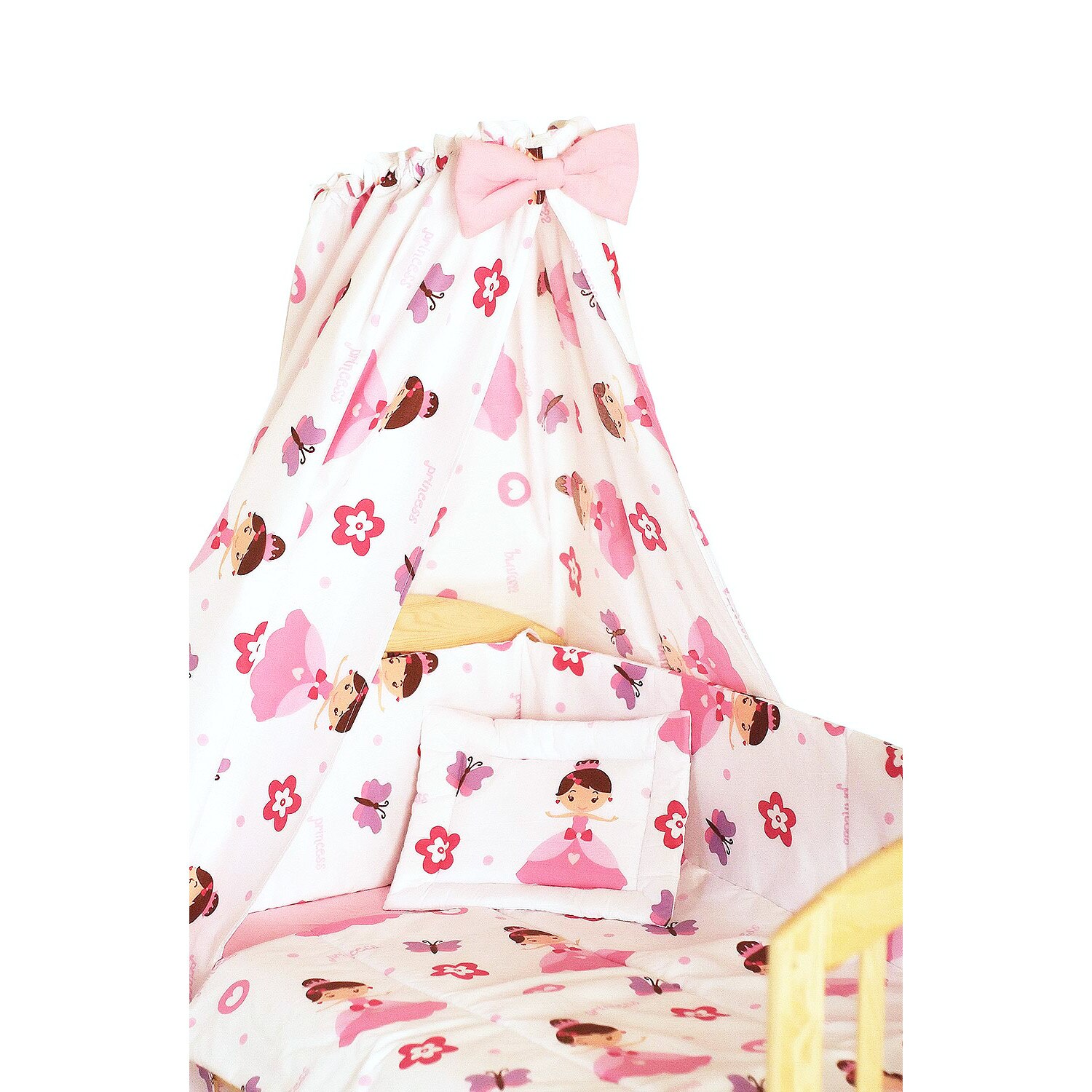 Lenjerie cu baldachin, 6 piese, printese cu fluturas, 120x60 cm