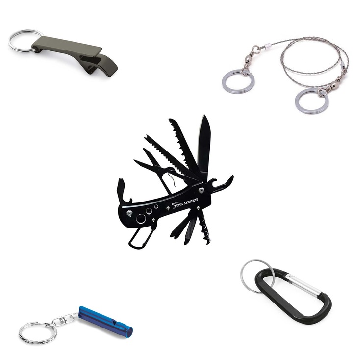 Kit Supravietuire 5 in 1, Cutit de supravietuire, multifunctional 12 Functii, Fierastrau, Fluier, Carabina, Desfacator de Sticle tip breloc, Dalimag