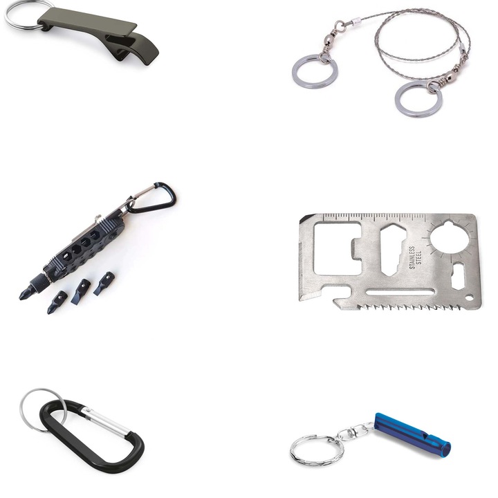 Kit Supravietuire 6 in 1, Surubelnita multifunctionala cu LED si carabina, Card multifunctional, Fierastrau, Fluier, Carabina, Desfacator de Sticle tip breloc, Dalimag