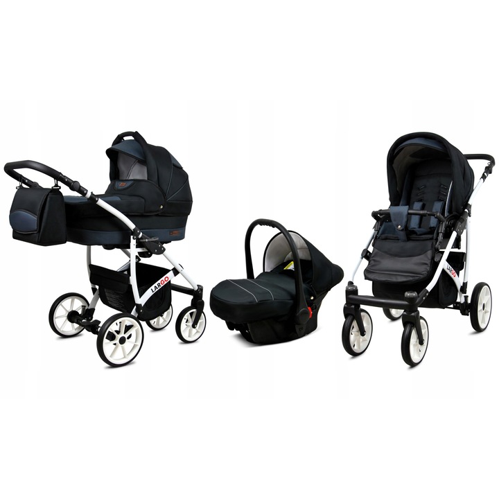 Carucior pentru copii 3 in 1 BabyLux multifunctional, sistem complet transformabil, landou si scaun auto inclus, reversibil, cadru aluminiu, materiale bumbac, siguranta standarde europene, culoare negru