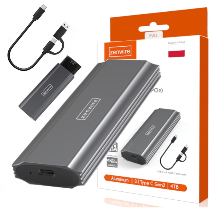 Carcasa Rack Externa SSD pentru M.2 NVMe & NGFF Zenwire®, Viteza 10Gbps, USB-C & USB 3.0, Interfata USB 3.2, Aluminiu, Compatibil M.2 PCIe NVMe si SATA NGFF, Suport multi-dimensiuni 2230/2242/2260/2280