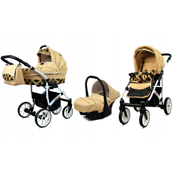 Carucior pentru copii BabyLux 3 in 1 Sistem de Calatorie Complet Multifunctional Reversibil cu Landou Scaun Auto si Carucior Sport din Bumbac si Aluminiu, Culoare Bej, Ghidon Reglabil, Centuri de Siguranta 5 Puncte, Suspensie Moale, Omologa