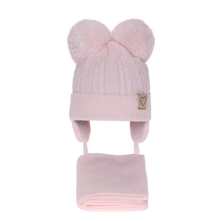 Set de iarna pentru fete caciula si fular cu 2 pompoane, model Rozi, Roz