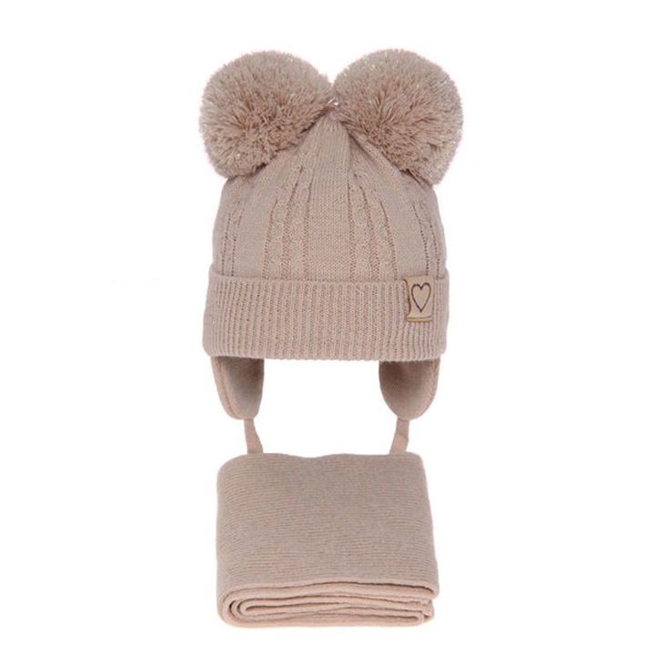 Set de iarna pentru fete caciula si fular cu 2 pompoane, model Rozi, Crem