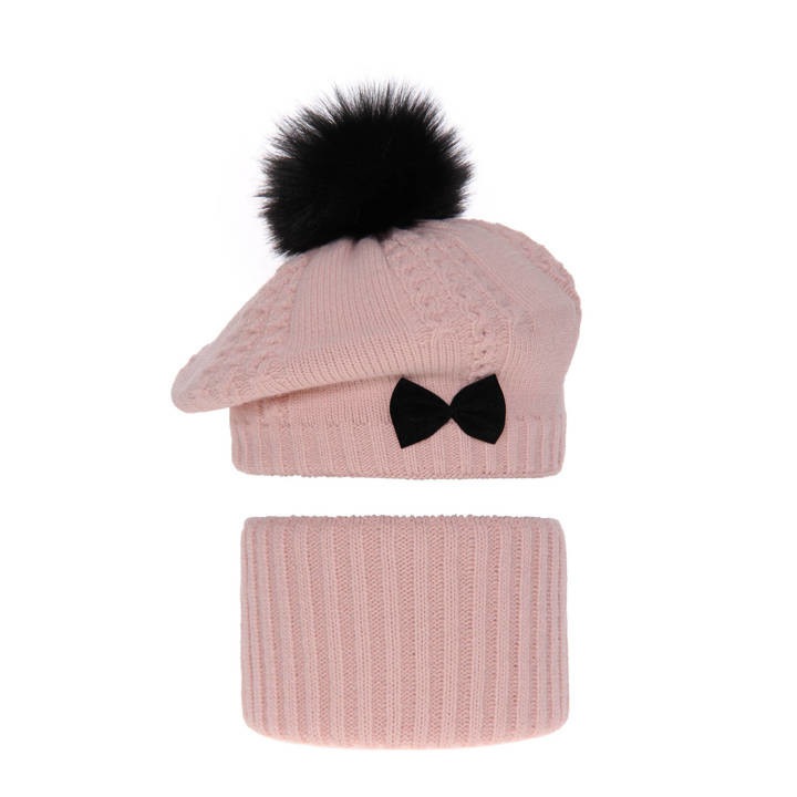 Set de iarna pentru fete, basca si fular circular roz cu pompon, model Amora, marime 52-54 cm