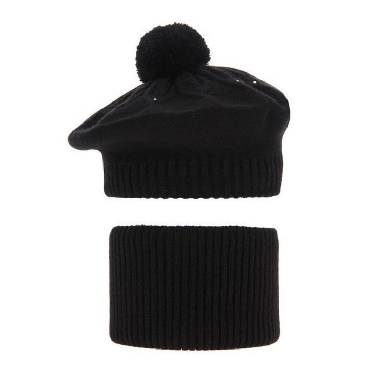 Set de iarna pentru fete, caciula si fular circular negru cu pompon, model Akcja, marime 50-52 cm