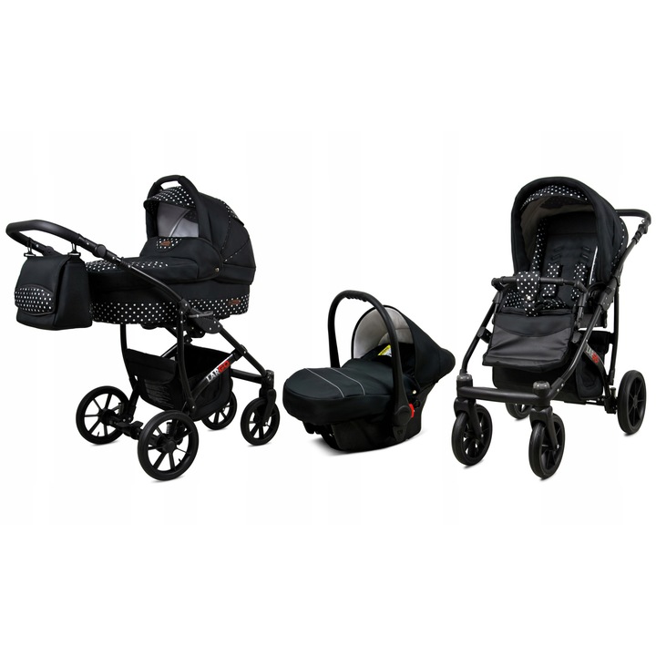 Carucior Copii Sistem Calatorie BabyLux 3 in 1 Multifunctional Reversibil Cu Landou Scaun Auto si Carucior Sport Pliabil Siguranta Europeana Confort Maxim Cadru Aluminiu Textil Bumbac Negru