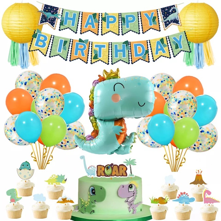 Set baloane si decoratiuni aniversare baieti copii pentru micii pasionati, cu dinozauri, 46 piese, Pure Store, turcoaz