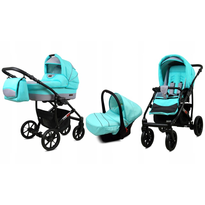 Carucior copii BabyLux 3 in 1 Multifunctional, Reversibil, cu Scaun Auto Inclus, Landou Confortabil, Cadru Usor Aluminiu, Centuri Siguranta 5 Puncte, Suspensie, Turcoaz Eleganta pentru Bebe, Standard European