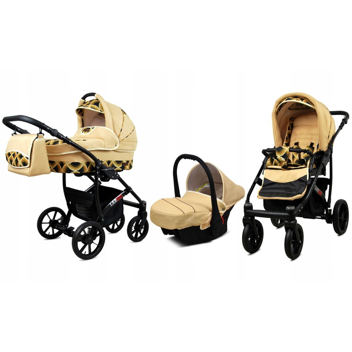 Carucior pentru copii BabyLux, sistem complet 3 in 1, pliabil si reversibil, cu landou transformabil, scaun auto omologat, cadru rezistent din aluminiu, tesatura moale din bumbac, roti amortizate pentru orice teren, culoare Negru/Bej