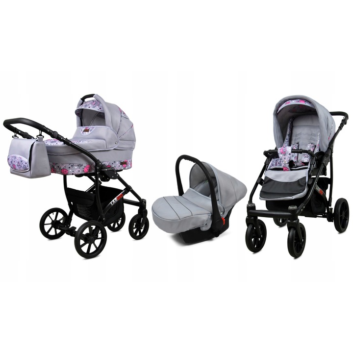 Carucior Copii 3 in 1 BabyLux, Multifunctional, Reversibil, cu Scaun Auto si Gondola, Structura Aluminiu, Textil Bumbac, Sistem de Suspensie Amortizat, Centuri Siguranta 5 Puncte, Aprobare ECE R44/04, Culoare Gri