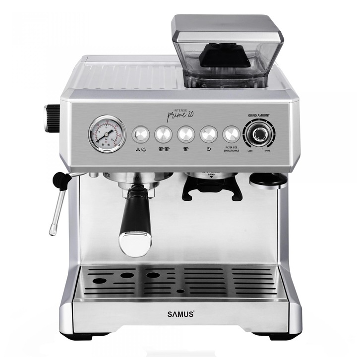 Espressor Samus Intense Prime 20, 1350 W, 20 Bar, Capacitate rasnita 200 g, Rezervor apa 2300 ml, Optiune 1 sau 2 cesti de cafea, Reglare si memorare ale cantitatii de cafea, Argintiu