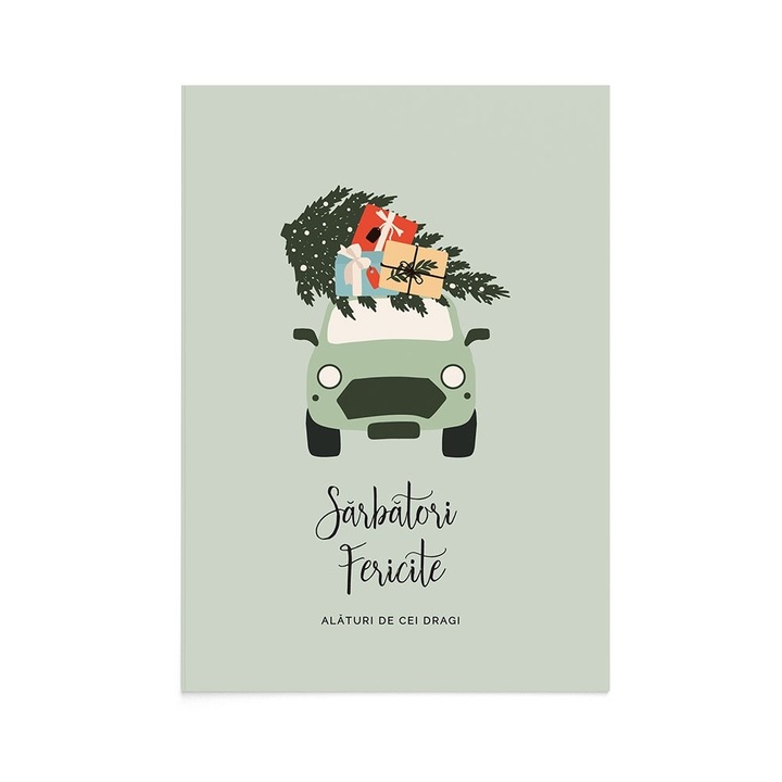 Felicitare Craciun Christmas Green Car, Zizula Cards, 105 x 150 mm