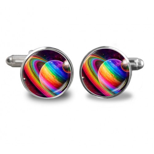 Butoni de camasa rotunzi personalizati cu planeta multucolora, Argintiu