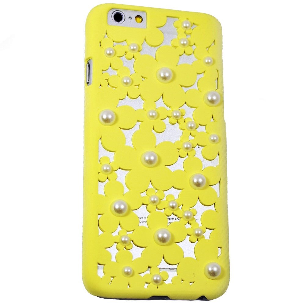 Husa din plastic dur policarbonat iPhone 6 / 6S (4.7 inch) dantela flori perle YELLOW