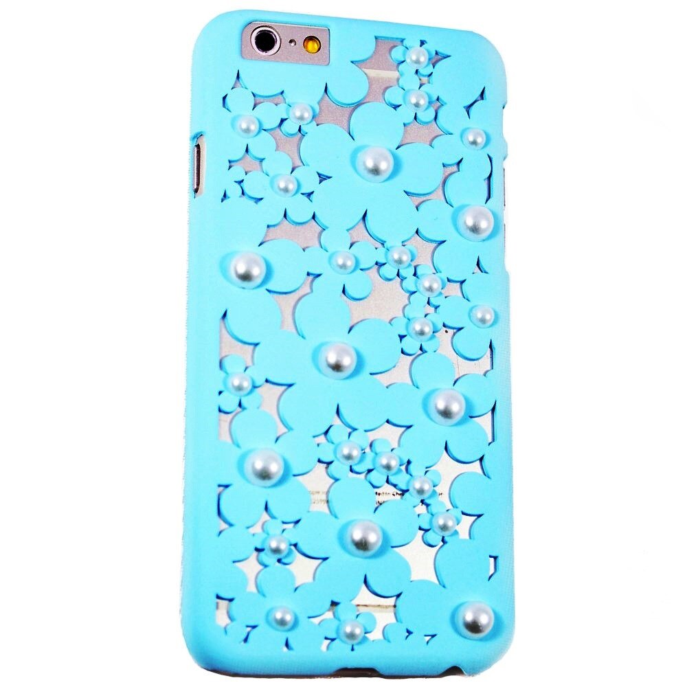 Husa din plastic dur policarbonat iPhone 6 / 6S (4.7 inch) dantela flori perle BLUE