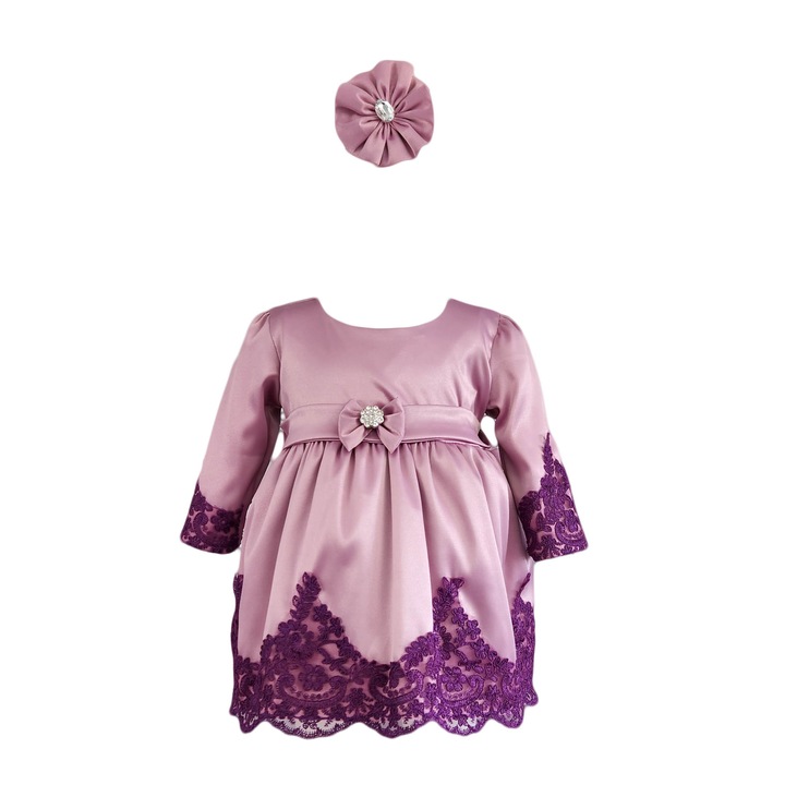 Rochie botez cu maneca lunga, model Regina, culoare mov, varsta 6-9 luni