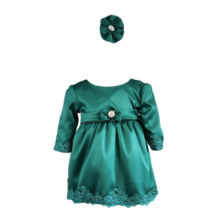 Rochie botez cu maneca lunga, model Regina, culoare verde, varsta 6-9 luni