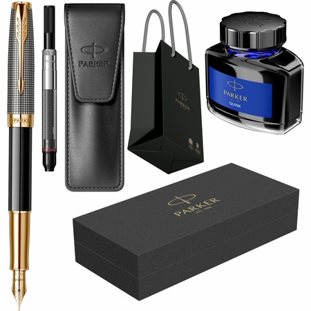 Set Parker Stilou Sonnet Royal Chiselled Silver Black GT cu penita din aur de 18k, convertor DeLuxe montat, etui Leather Black, calimara cerneala si punga Parker