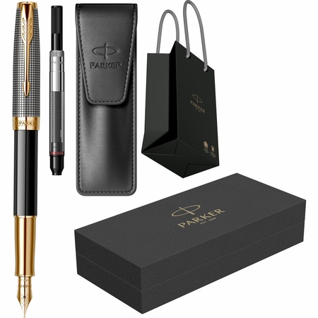 Set Parker Stilou Sonnet Royal Chiselled Silver Black GT cu penita din aur de 18k, convertor DeLuxe montat, etui Leather Black si punga Parker