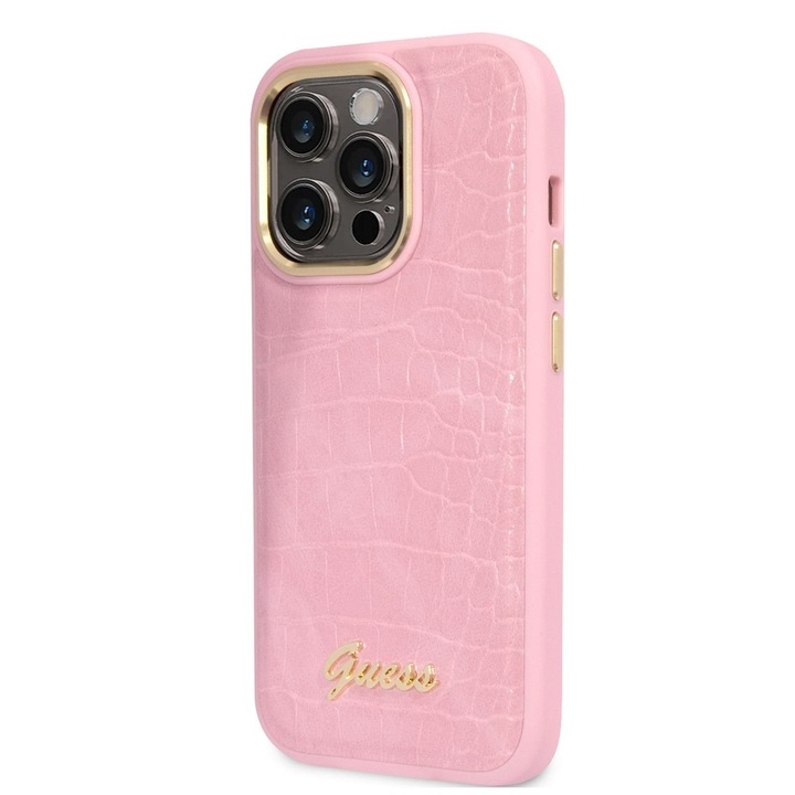 Husa telefon Guess pentru iPhone 14 Pro, Croco with Metal Logo, Piele ecologica, Roz