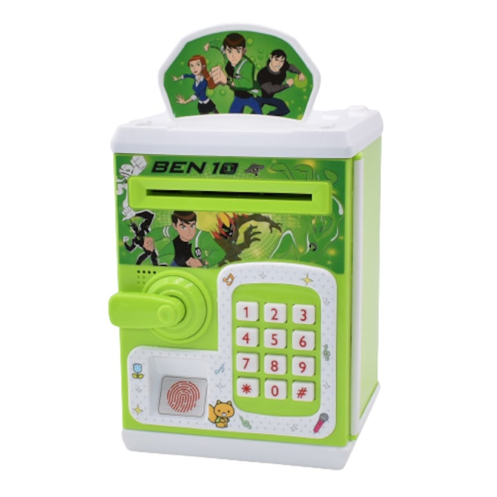 Pusculita electronica interactiva pentru copii Money Safe, cu cifru si amprenta, muzicala, pentru bacnote si monezi, desen Ben, Verde