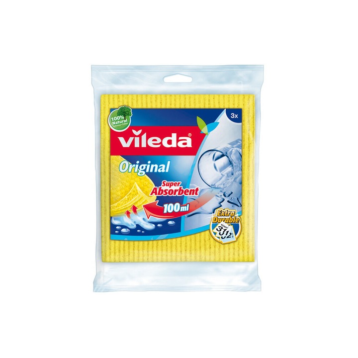 Lavete umede, Vileda, 3 bucati, 17.5 x 19 cm, Galben