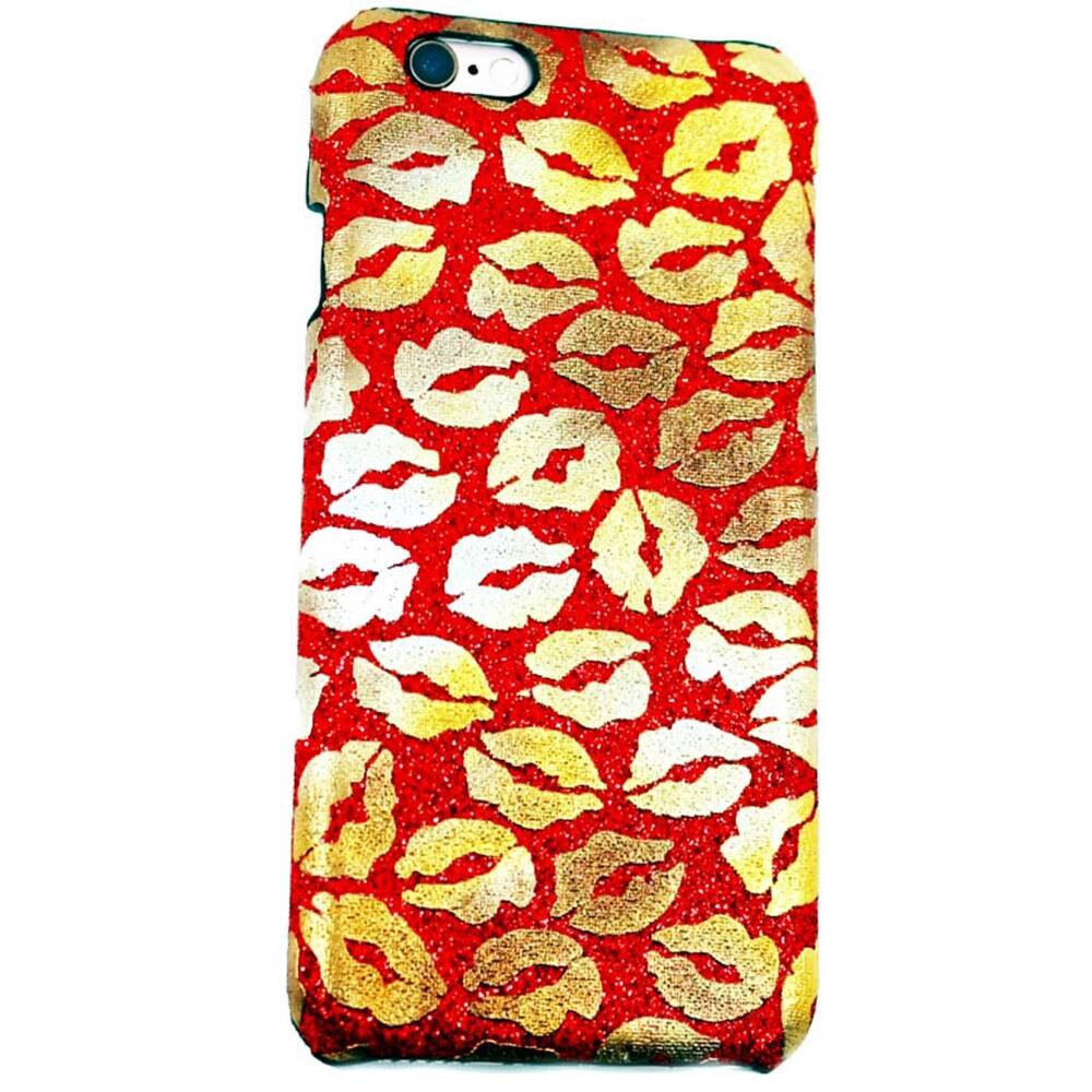 Husa exterior material textil si interior plastic dur policarbonat iPhone 6/6S (4.7 inch) print buze sclipici glitter kiss RED