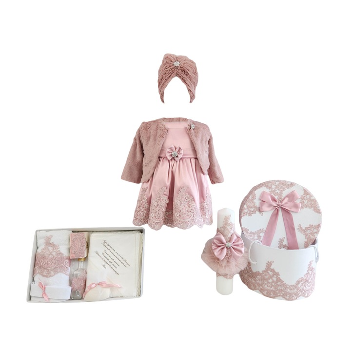 Set botez 4 piese culoare roz somon, 9-12 luni