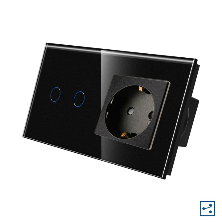 Luxion Váltó Dupla Érintőkapcsoló + Konnektor Kristályüveg, Nedvességálló, Fekete