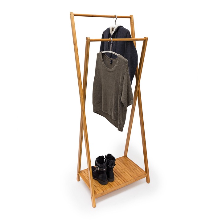 Двойна стойка за дрехи с рафт за обувки Relaxdays от бамбук 156 х 56,5 х 40 см