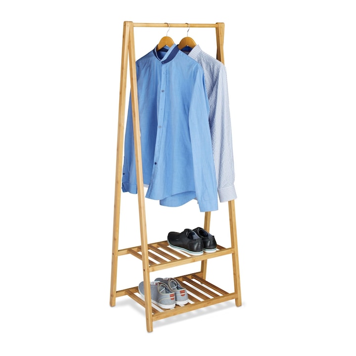 Етажерка за дрехи с 2 рафта за обувки и стойка за чадър Relaxdays от бамбук 150 х 60 х 40 см