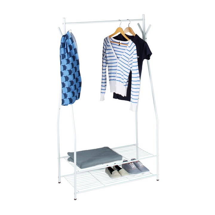 Suport pentru haine cu 2 rafturi pentru incaltaminte, si 4 agatatori, Relaxdays, din metal, alb, 162 x 90 x 40 cm