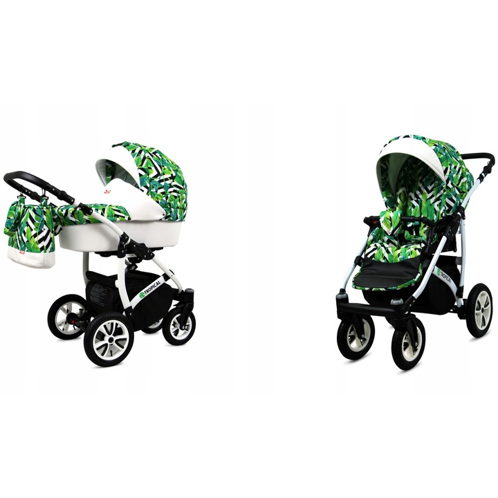 Детска количка BabyLux, 2 в 1, Памук/Алуминий, Тропически модел, Мултифункционална, Многоцветен