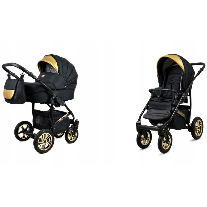Carucior Copii Baby Lux Gold Lux 2in1, Multifunctional Sistem Complet de Calatorie, Cadru Aluminiu Usor, Tesaturi Bumbac si Piele Ecologica, Siguranta 5 Puncte, Suspensie Confort, Pliabil, Auriu Negru, Conform EN 1888-1:2018