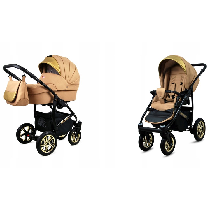 Carucior 2 in 1 Baby Lux Gold Lux, Multifunctional Landou si Scaun Sport, Cadru Aluminiu, Bumbac Respirabil, Piele Ecologica, Suspensie Amortizare, Roti Rezistente, Pliabil, Siguranta EN 1888-1, Auriu Crem Bebelusi