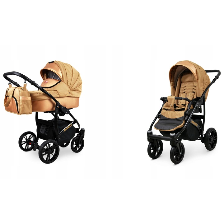 Carucior 2 in 1 BabyLux Miracle, multifunctional, convertibil, cadru aluminiu, suspensie moale, maner piele ecologica, bumbac interior, pliabil, culoare auriu si negru, conform standard EN 1888-1