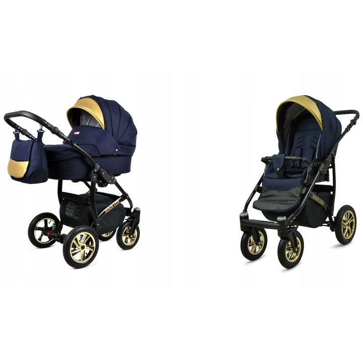 Carucior pentru copii BabyLux Gold Lux 2 in 1 multifunctional, Cadru Aluminiu, Bumbac si Piele Ecologica, Sistem de Pliere Compact, Suspensie Amortizata, Centuri de Siguranta 5 Puncte, Roti Fixe si Pivotante, Auriu si Bleumarin, Siguranta E