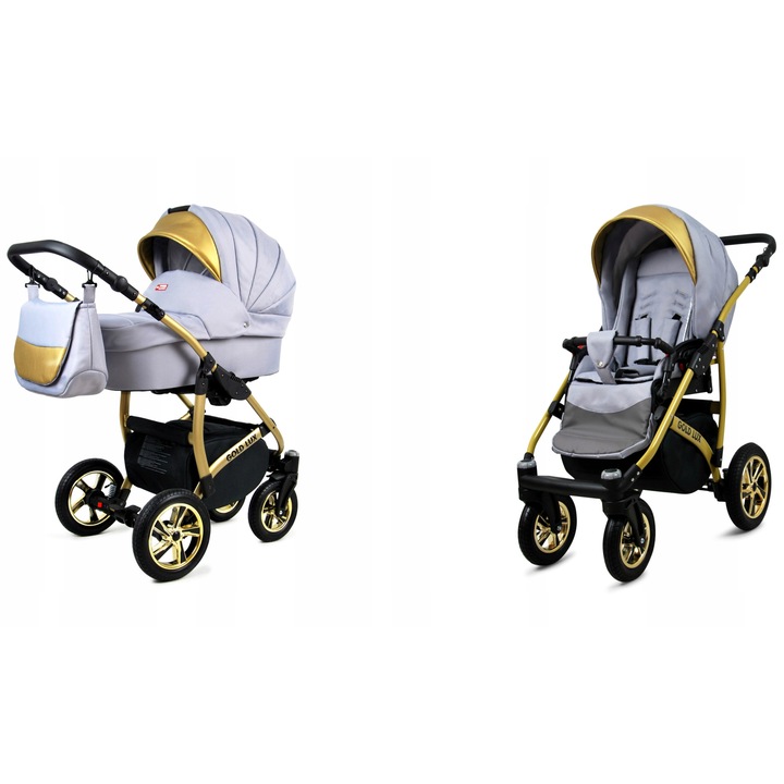 Детска количка Baby Lux, 2 в 1, Алуминий/Памук, Мултифункционална, Златист/Сив